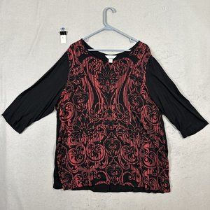 CJ Banks Womens Pullover Blouse Black Red 3/4 Heart Sleeve Plus Size 3X
